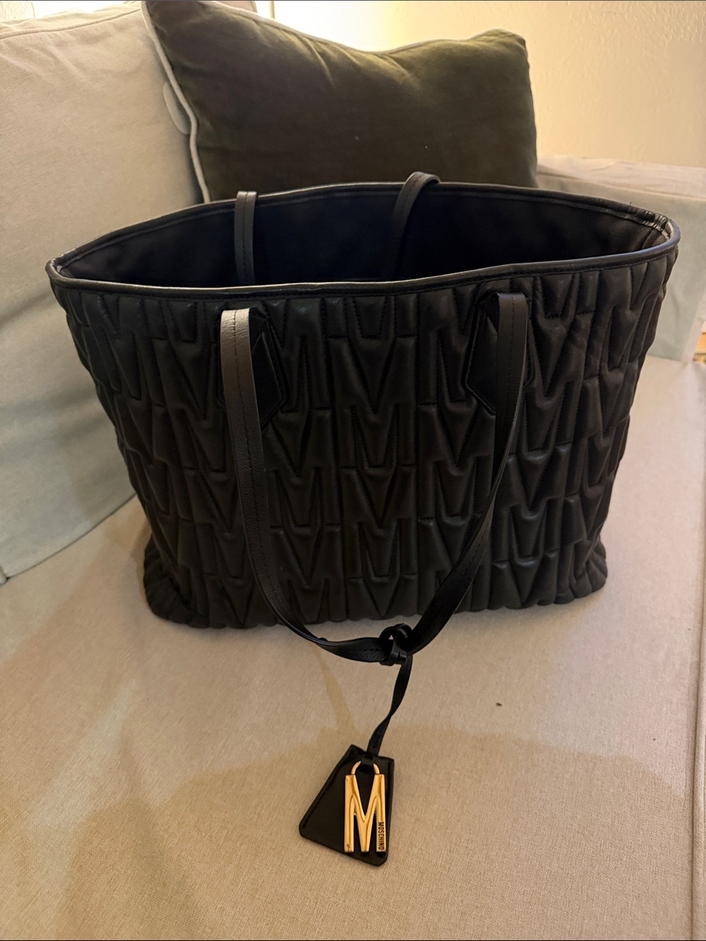 Moschino Black Quilted Tote with Gold M Charm